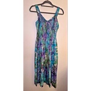 LOST RIVER CLOTHING CO SMOCKED A LINE WATERCOLOUR DRESS SMALL POCKETS ARTSY BLUE